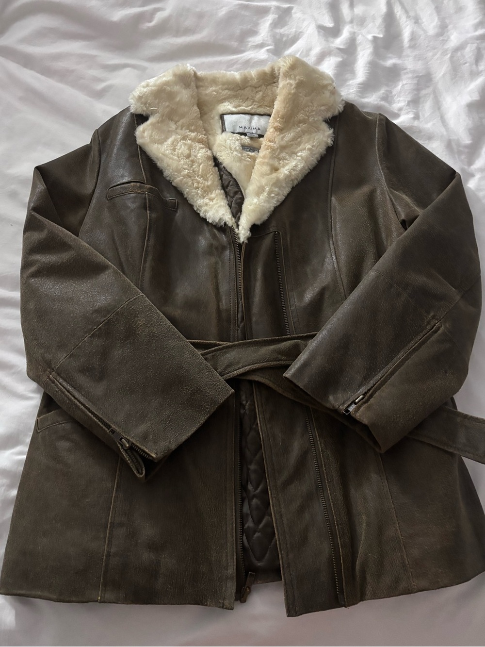 Maxima Olive Brown Leather Jacket with Cream Shearling Collar